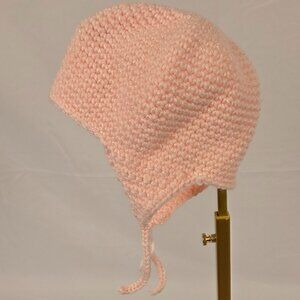 Vintage Handmade Crochet Baby Hat – Light Pink Earflap Beanie with Ties